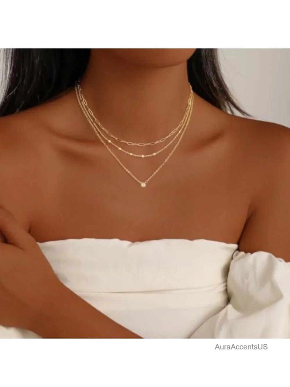 Layered Gold Plated Necklace Set Stackable Non-Tarnish Adjustable 3 Strands
